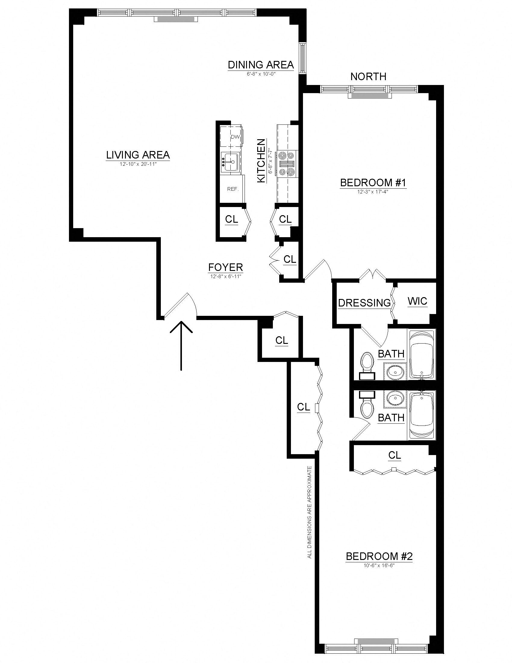 Floor plan for 2 beds, 2 baths, 1156 sqft